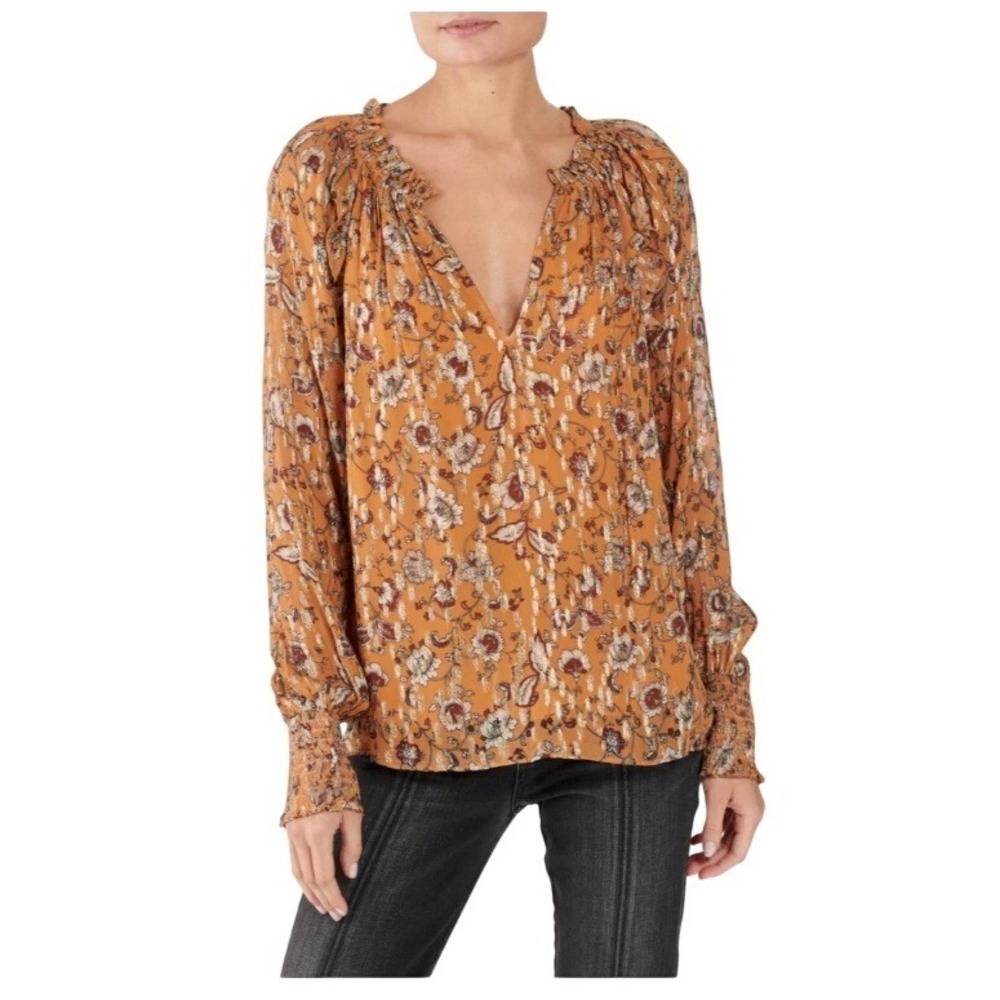 Ramy Brook Silk‎ Floral Metallic V Neck Blouse Yellow Gold Lurex Long Sleeve